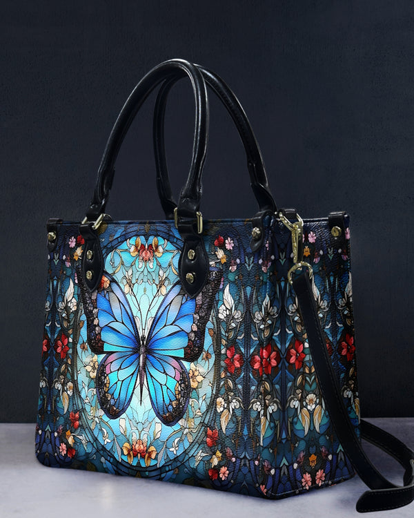 STAINED GLASS BUTTERFLY FLOWERS LEATHER HANDBAG - YHHG0509242