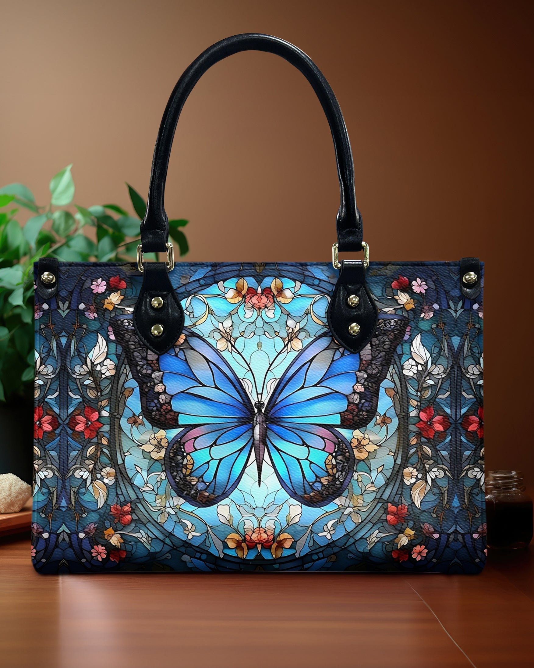 STAINED GLASS BUTTERFLY FLOWERS LEATHER HANDBAG - YHHG0509242