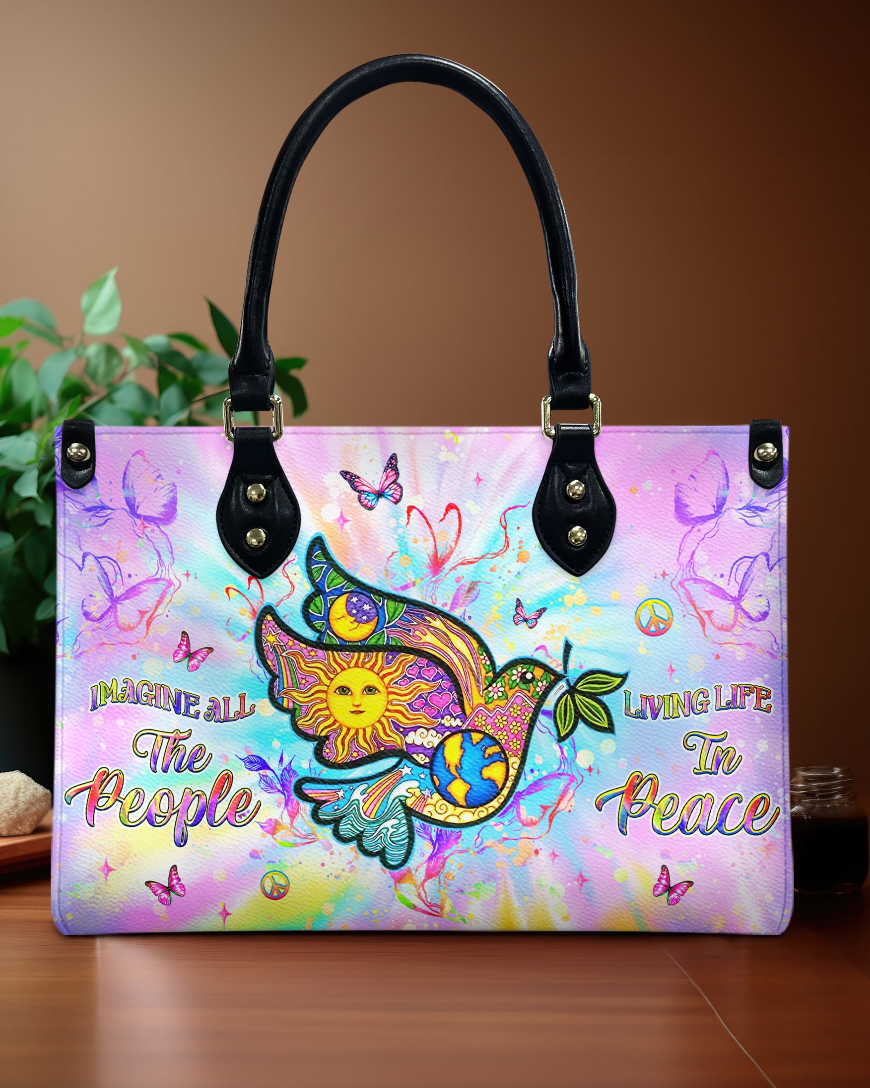 IMAGINE ALL THE PEOPLE LIVING LIFE IN PEACE LEATHER HANDBAG - YHHG0810244