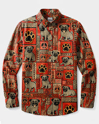 TRIBAL PUG DOG PATCHWORK LONG SLEEVE BUTTON-DOWN SHIRT - TLTW24082612