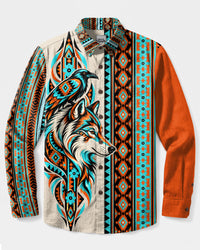 WOLF AND RAVEN TRIBAL SPLITWORK LONG SLEEVE BUTTON-DOWN SHIRT - TLTW12092610
