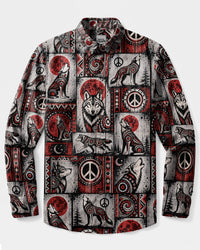 BLOOD MOON WOLF TRIBAL PATCHWORK LONG SLEEVE BUTTON-DOWN SHIRT - TLTW1908266