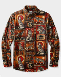 MYSTICAL TRIBAL WOLF PATCHWORK LONG SLEEVE BUTTON-DOWN SHIRT - TLTW2108266