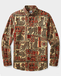 TRIBAL CAT PATCHWORK LONG SLEEVE BUTTON-DOWN SHIRT - TLTW2408266