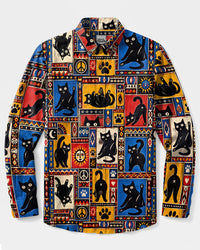 RETRO BLACK CAT FUNNY PATCHWORK LONG SLEEVE BUTTON-DOWN SHIRT - TLNO1509263