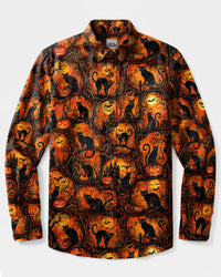 BLACK CAT HALLOWEEN PATCHWORK LONG SLEEVE BUTTON-DOWN SHIRT  - TLTW0309266