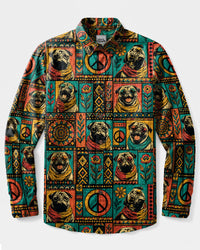RETRO PUG DOG PATCHWORK LONG SLEEVE BUTTON-DOWN SHIRT - TLTW2208266