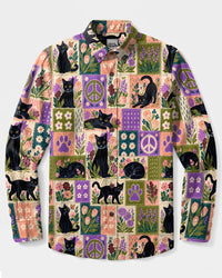 WHIMSICAL FLORAL BLACK CAT PATCHWORK LONG SLEEVE BUTTON-DOWN SHIRT  - TLNO1210265