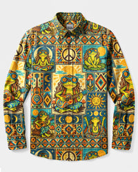 RETRO TRIBAL FROG MOSAIC LONG SLEEVE BUTTON-DOWN SHIRT - TLNT1409266