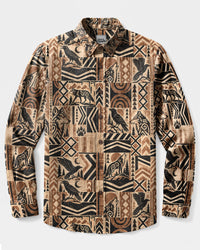 TRIBAL WOLF AND RAVEN PATCHWORK LONG SLEEVE BUTTON-DOWN SHIRT - TLHG0909263