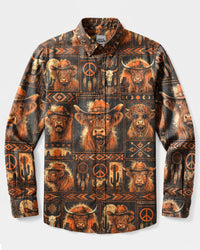 BOHO WESTERN HIGHLAND COW PATCHWORK LONG SLEEVE BUTTON-DOWN SHIRT - TLNT2208268