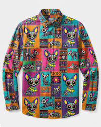 COLORFUL CALAVERA CHIHUAHUA DOG PATCHWORK LONG SLEEVE BUTTON-DOWN SHIRT  - TLTW0409263
