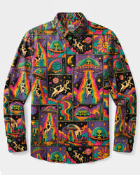 FUNNY COW RAINBOW UFO PATCHWORK LONG SLEEVE BUTTON-DOWN SHIRT - TLTW1609264