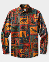 TRIBAL WOLF PATCHWORK LONG SLEEVE  BUTTON-DOWN  SHIRT - TLNT1908265