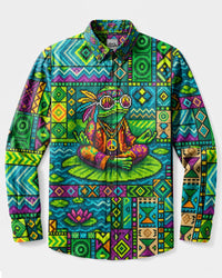 HIPPIE FROG VIBES PIXEL PATCHWORK LONG SLEEVE BUTTON-DOWN SHIRT - TYLN1908268
