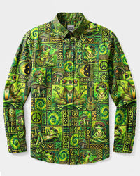 TRIBAL FROG GREEN PATCHWORK LONG SLEEVE BUTTON-DOWN SHIRT  - TLNT1210264
