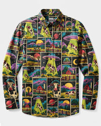 RETRO UFO COW ABDUCTION COLLAGE LONG SLEEVE BUTTON-DOWN SHIRT  - TLNT1410263