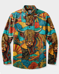 BOHO HIGHLAND COW PATCHWORK LONG SLEEVE BUTTON-DOWN SHIRT - TYLN1509264