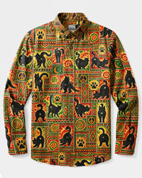 BATIK BLACK CAT FUNNY PATCHWORK LONG SLEEVE BUTTON-DOWN SHIRT - TLNT1509265