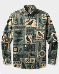 BOHO TRIBAL RAVEN PATCHWORK LONG SLEEVE BUTTON-DOWN SHIRT - TLNT1009264