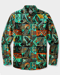 WOLF RAVEN TRIBAL WILDERNESS PATCHWORK LONG SLEEVE BUTTON-DOWN SHIRT  - TLTW0909265