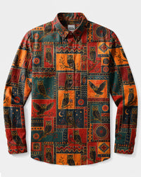 BOHO OWL PATCHWORK LONG SLEEVE BUTTON-DOWN SHIRT  - TLNT0309266