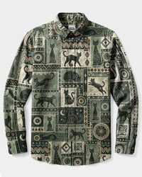 BOHO TRIBAL CAT PATCHWORK LONG SLEEVE BUTTON-DOWN SHIRT - TLNT1908262