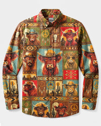 BOHO WESTERN HIGHLAND COW RETRO PATCHWORK LONG SLEEVE BUTTON-DOWN SHIRT  - TLNT0709266