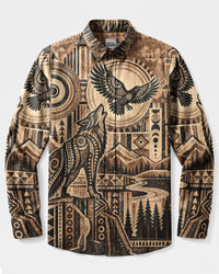 HOWLING WOLF & RAVEN TRIBAL LONG SLEEVE BUTTON-DOWN SHIRT - TLNT1809263