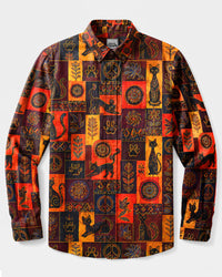 BOHEMIAN BLACK CAT PATCHWORK LONG SLEEVE BUTTON-DOWN SHIRT  - TLHG1908266