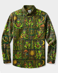 TRIPPY FROG FOREST PATCHWORK LONG SLEEVE BUTTON-DOWN SHIRT - TLNT2008269