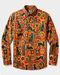BLACK CAT ORANGE SWIRL PATCHWORK LONG SLEEVE BUTTON-DOWN SHIRT  - TLNT2909266