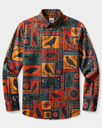 TRIBAL RAVEN PATCHWORK LONG SLEEVE BUTTON-DOWN SHIRT - TLNT1908269