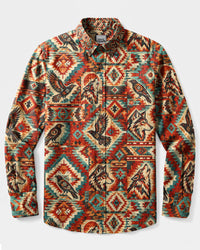 BOHO WOLF AND RAVEN PATCHWORK LONG SLEEVE BUTTON-DOWN SHIRT  - TLNT09092610