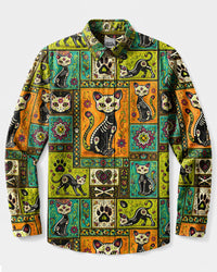 DIA DE LOS MUERTOS BLACK CAT MOSAIC LONG SLEEVE BUTTON-DOWN SHIRT  - TLHG0709264