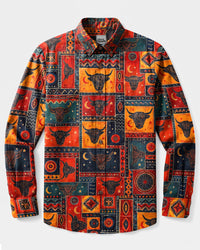 BOHO TRIBAL HIGHLAND COW PATCHWORK LONG SLEEVE BUTTON-DOWN SHIRT  - TLNT0709263