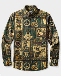 TRIBAL COWBOY PUG DOG PATCHWORK LONG SLEEVE BUTTON-DOWN SHIRT  - TLHG2408263