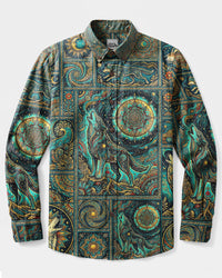 CELESTIAL WOLF PATCHWORK LONG SLEEVE BUTTON-DOWN SHIRT - TYLN1509267