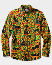 PLAYFUL BLACK CAT SWIRL PATCHWORK LONG SLEEVE BUTTON-DOWN SHIRT  - TLTW3009263