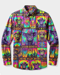 BOHO WESTERN HIGHLAND COW COLORFUL PATCHWORK LONG SLEEVE BUTTON-DOWN SHIRT  - TLNT0709269