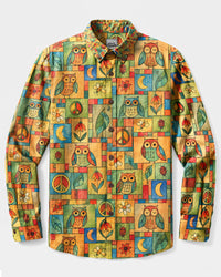 PEACEFUL OWL FOLK PATCHWORK LONG SLEEVE BUTTON-DOWN SHIRT - TLHG0809263