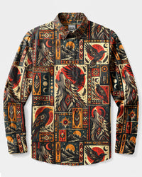 RETRO TRIBAL WOLF AND RAVEN PATCHWORK LONG SLEEVE BUTTON-DOWN SHIRT - TLHG0809267