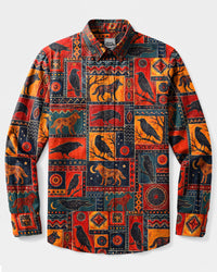 BOHO WOLF AND RAVEN PATCHWORK LONG SLEEVE BUTTON-DOWN SHIRT  - TLNT0909263