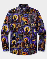 BLACK CAT HORROR PATCHWORK HALLOWEEN LONG SLEEVE BUTTON-DOWN SHIRT  - TLNO0709264