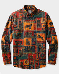 TRIBAL FRENCH BULLDOG PATCHWORK LONG SLEEVE BUTTON-DOWN SHIRT - TLNT25082612