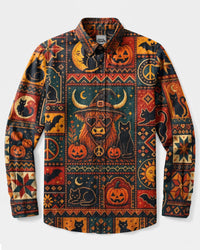 HIGHLAND COW WITH CAT HALLOWEEN HIPPIE PIXEL PATCHWORK LONG SLEEVE BUTTON-DOWN SHIRT - TYLN2008264