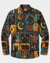 MYSTIC CELESTIAL BLACK CAT PATCHWORK LONG SLEEVE BUTTON-DOWN SHIRT - TYLN0309263