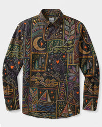 MYSTIC RAVEN TAPESTRY PATCHWORK LONG SLEEVE BUTTON-DOWN SHIRT - TYLN2108266