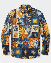 CELESTIAL SUN AND MOON LOVERS PATCHWORK LONG SLEEVE BUTTON-DOWN SHIRT - TYLN2808265