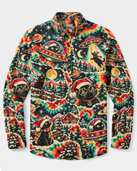 CHRISTMAS COSMIC BLACK CAT SWIRL LONG SLEEVE BUTTON-DOWN SHIRT - YHLN1310262